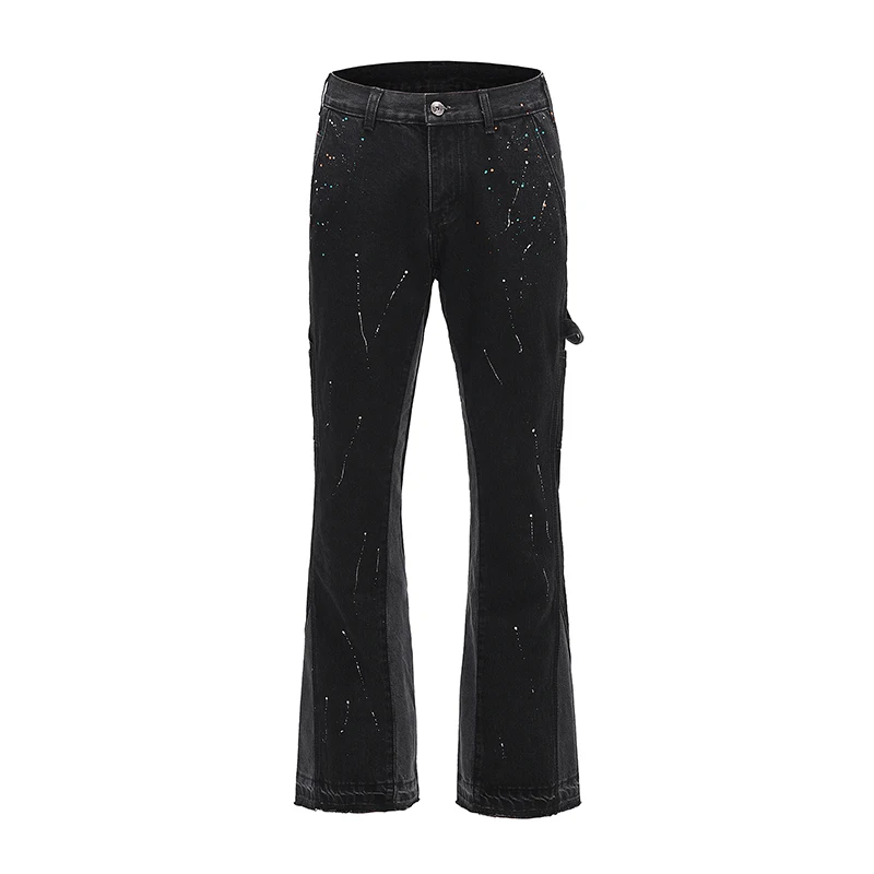 

High Street Retro Spotted Ink Contrast Color Flared Jeans Pants Male Wide Leg Plus Size Patchwork Ripped Denim Trousers
