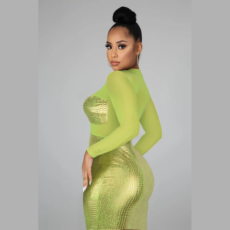 

Shiny Gilt Mesh Spliced Party Club Mini Dress Women Sexy See Through Long Sleeve Bodycon Vestidos Streetwear Slim Fit Robe Femme