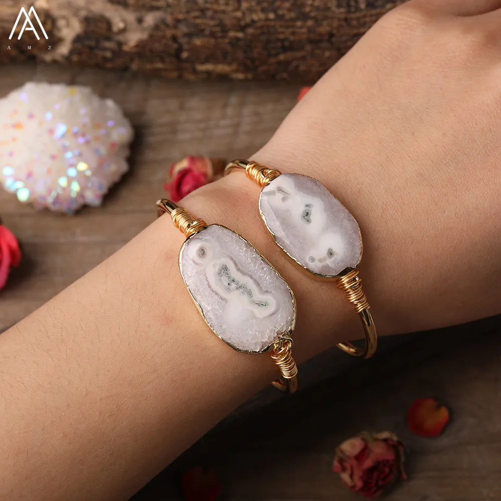 

Gold Copper Wire Wrapped Natural Agates Stone Slice Slab Beads Open Cuff Bangle Bracelet For Women Onyx Stone Beads Jewelry