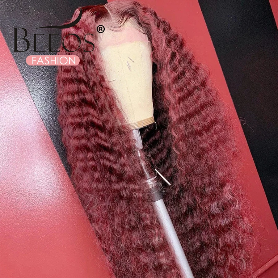 

Dark Red Color Curly Wigs Red Highlight Lace Frontal Wigs Brazilian 13x6 Lace Front Human Hair Wigs 99J Colored Ombre for Women