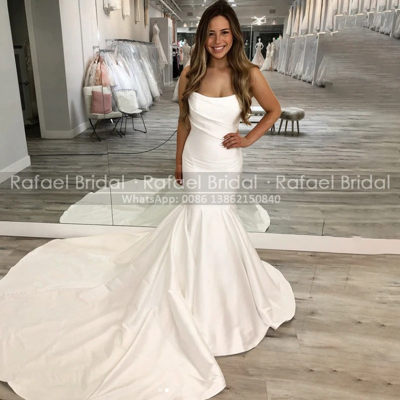 

Vintage Mermaid Long Chapel Train Lawn Wedding Dress 2021 Spring Summer White Satin Strapless Formal Bridal Gown For Women
