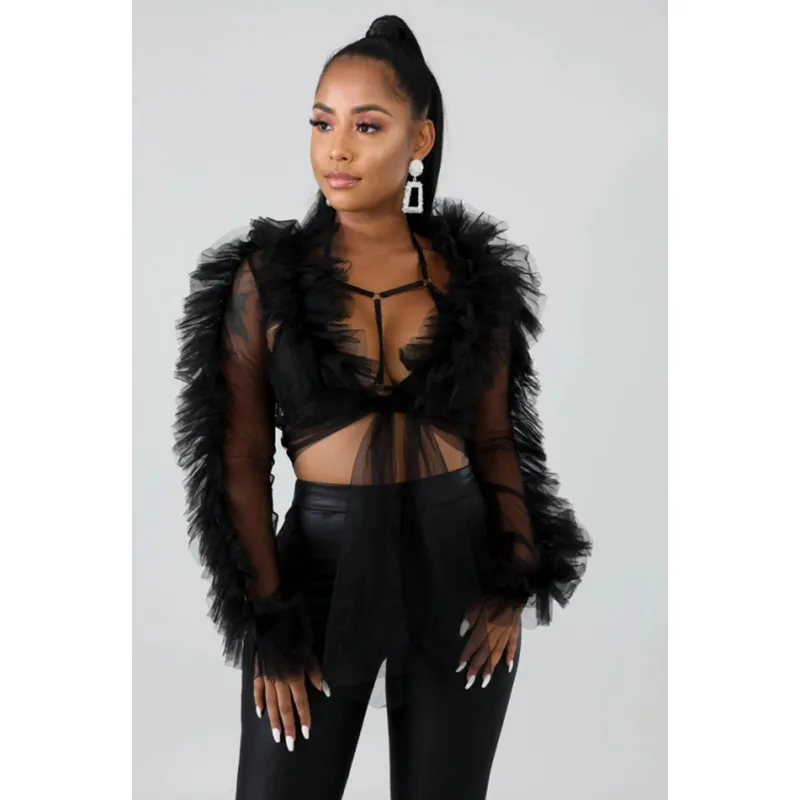 

Women's Autumn Clothes New Long Sleeve Perspective Three-layer Mesh Sexy Top Black White Sexy