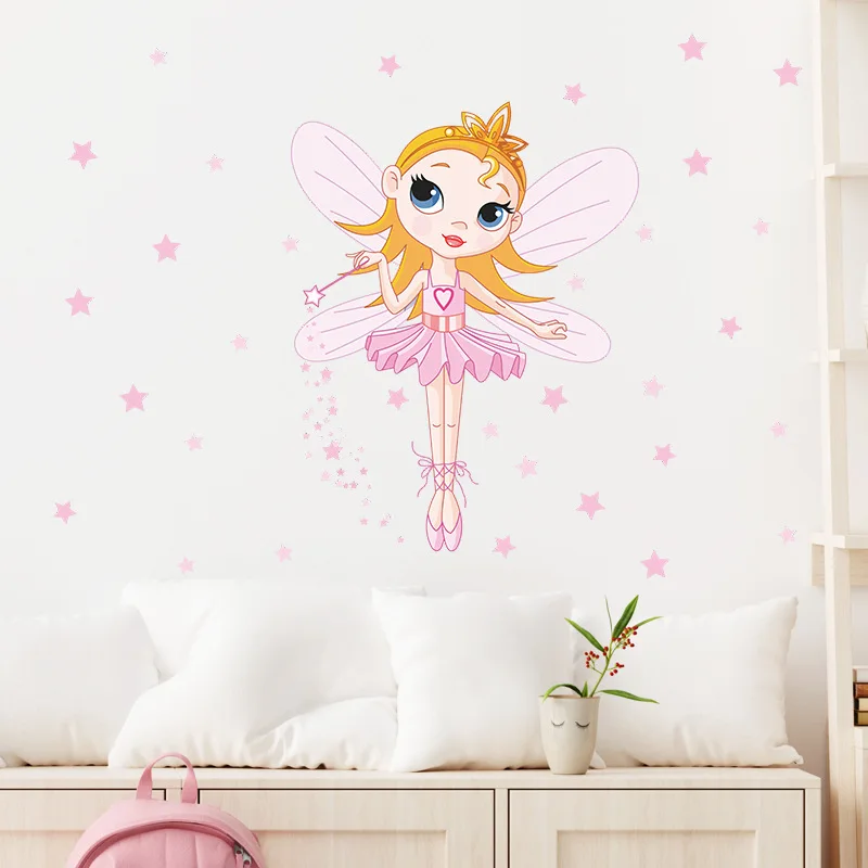 

Creative Pink Girl Wings Stars Wall Stickers Kids Girls Room Bedroom Decoration Wallpaper Home Decor Nursery Art Decals Sticker