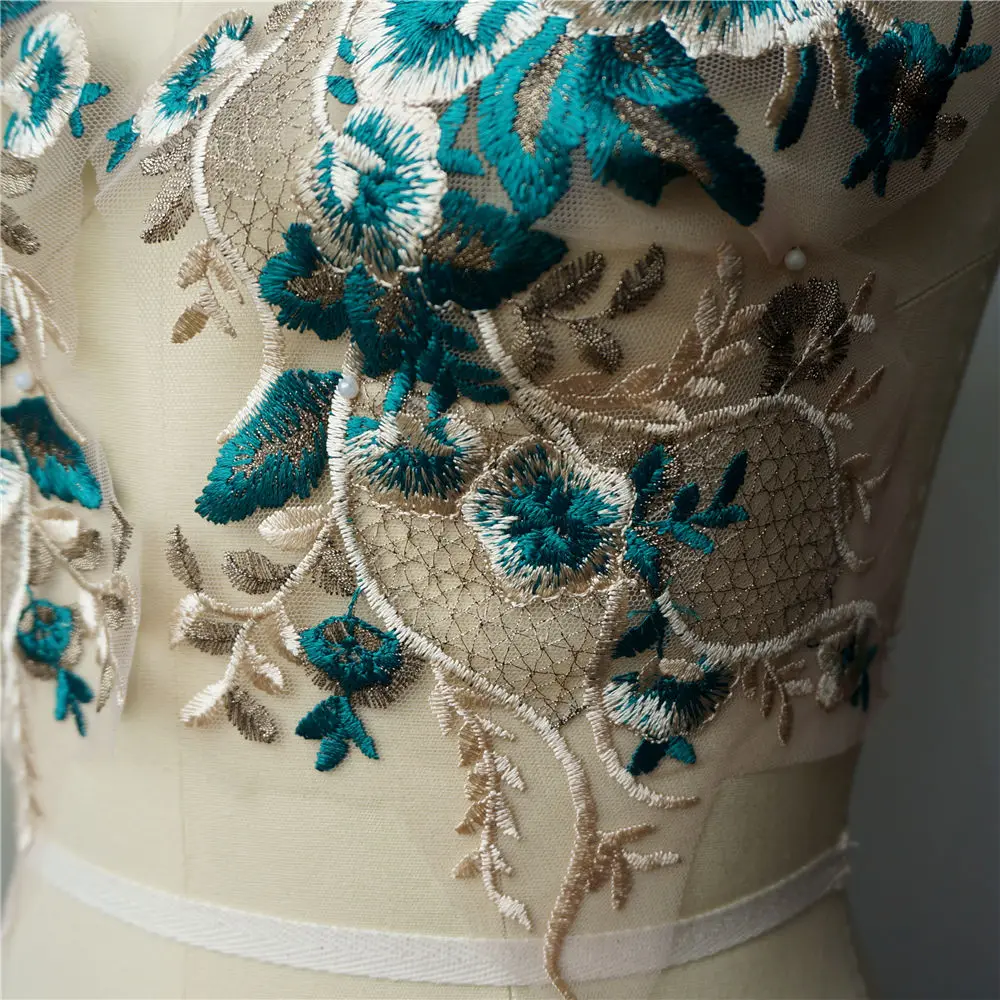 2 шт. зеленая кружевная ткань с вышитыми цветами Аппликации планки классический