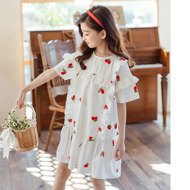 

Embroidery Girls Dress 2021 New Kids Summer Clothes Cotton Fresh Cherry Pattern Ruffles Teenage Children,#6034