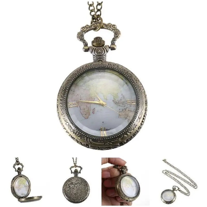

Vintage Quartz Pocket Watch World Map Roman Numeral Dial Clear Cover Alloy Chain Pendant Watches Pendant Necklace Best Gift