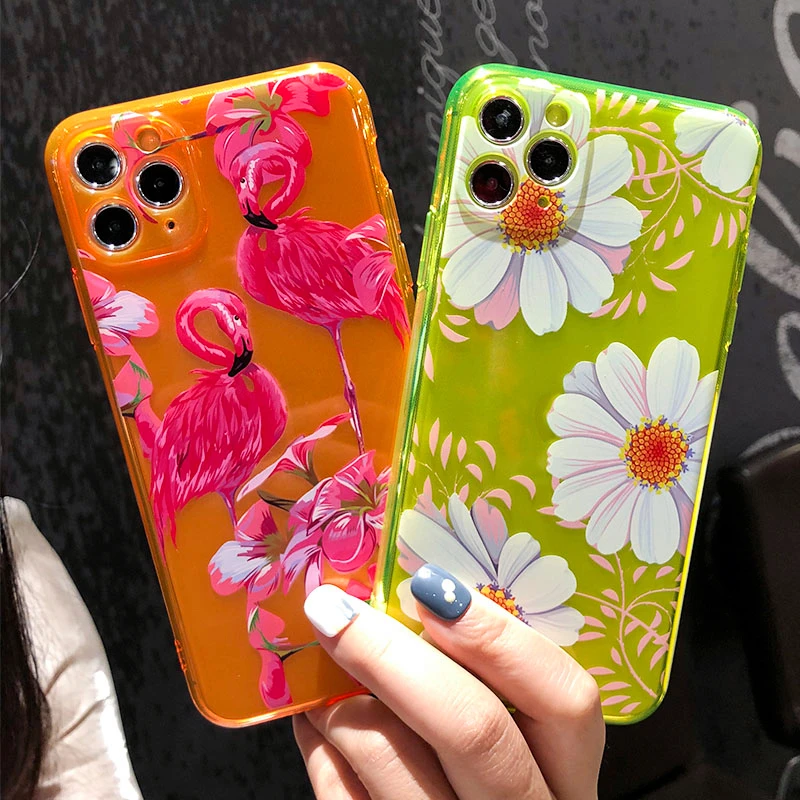 Чехол для телефона с флуоресцентным цветком и фламинго iPhone 11 Pro Max XR X XS 7 8 Plus Мягкий