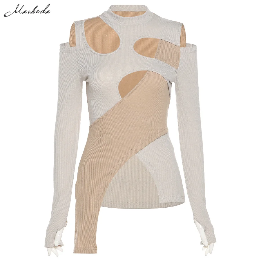 

Summer Fashion Patchwork Hollow out Slim T Shirt Women Long Sleeve O Neck Sexy Clothing Y2K Lady Street Top 2021 New