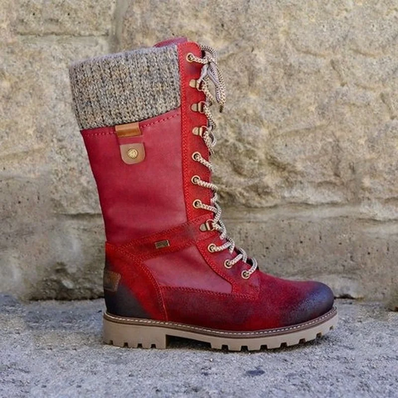 

Knitted Patchwork Side Zipper Lace-Up Female Boots 2021 Women Mid-Calf Boots Round Toe Low-Heeled Non-Slip Boots Botas De Mujer