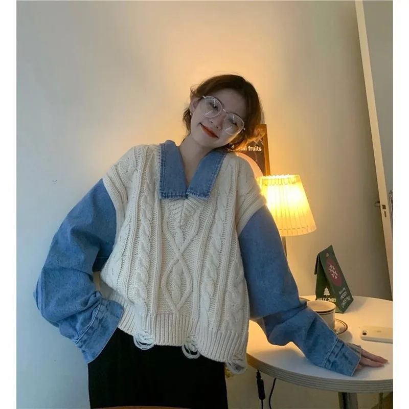 

Women's Fake Two-Piece Denim Stitching Sweater Spring and Autumn New Loose Polo Collar All-Matching Sweater Top