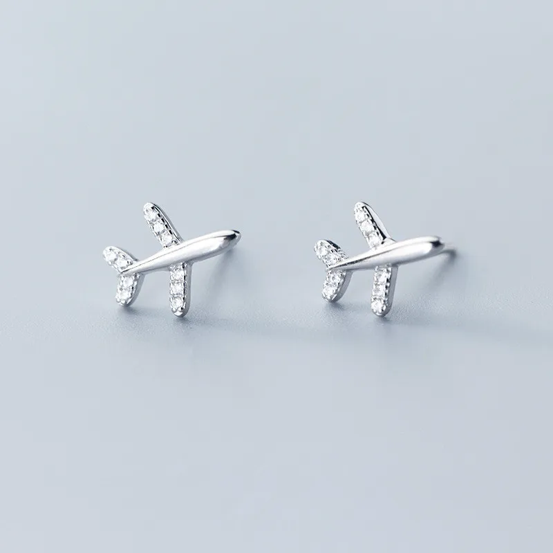 100% 925 пробы серебряные серьги гвоздики с самолетом и женские яркими фианитами