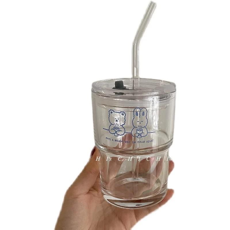 

INS Little Bear Bunny Cute Cartoon With Lid Straw Glass Cup Milk Coffee Cup