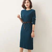 womens pure wool dress for autumn and winter new high end round neck bottoming shirt iong skirt slim temperament and fashion