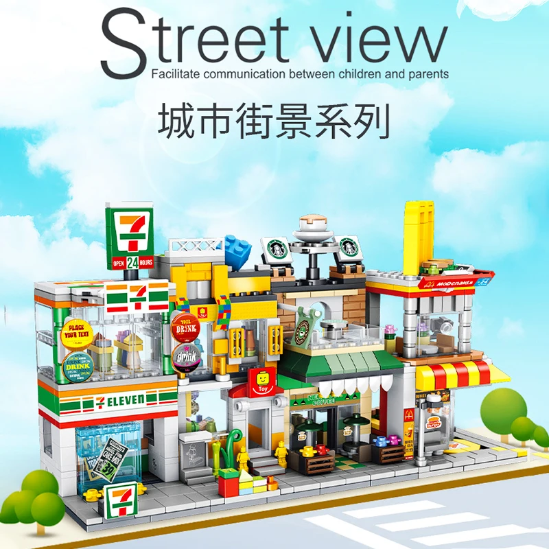 

City Street View Series Building Blocks Convenience Store Toy Store Coffee Shop Burger Shop Bricks 3D Model For Kids Gifts