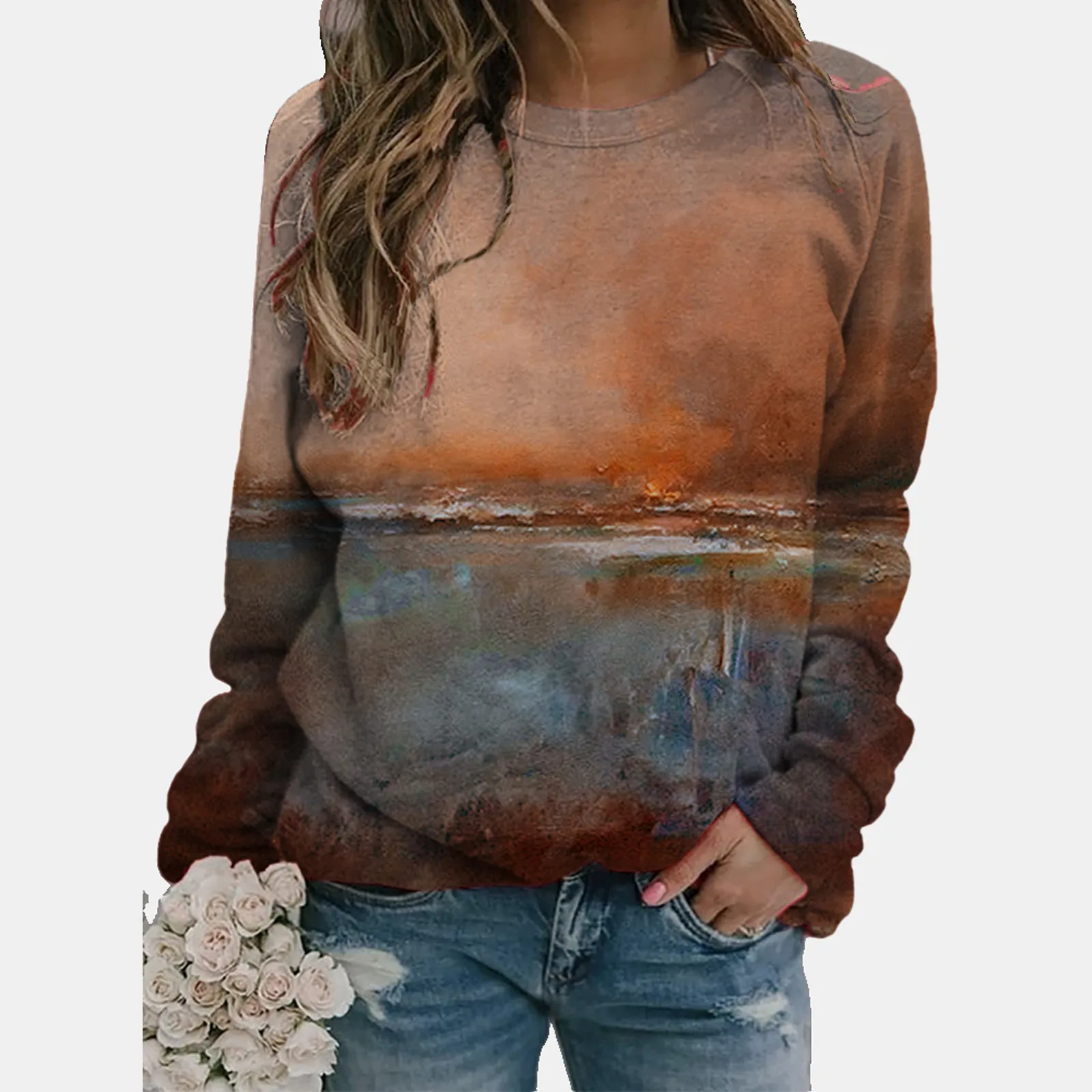 

S-3xl Hoodies Women Fashion Sweatshirt Landscape Print O-neck Long Sleeves Causal Loose Tops Blouse Hoodie Femme Winter Clothing