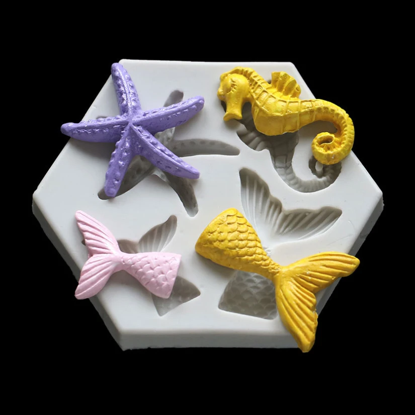 

Wholesale 10 pcs/lot Fish Tail Starfish Seahorse Silicone Mold Sugarcraft Fondant Cake Decorating Tools Cupcake Baking Mold