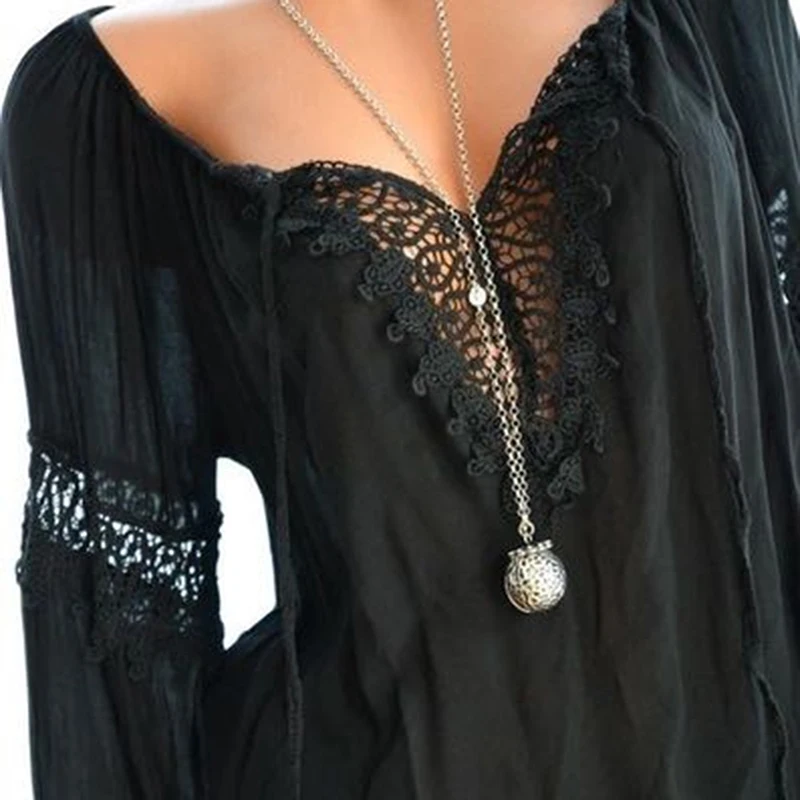

Spring Women Blouse Lace Patchwork Hollow Out Casual Tops Long Sleeve V Neck Solid Color Pius Size Women Blouse