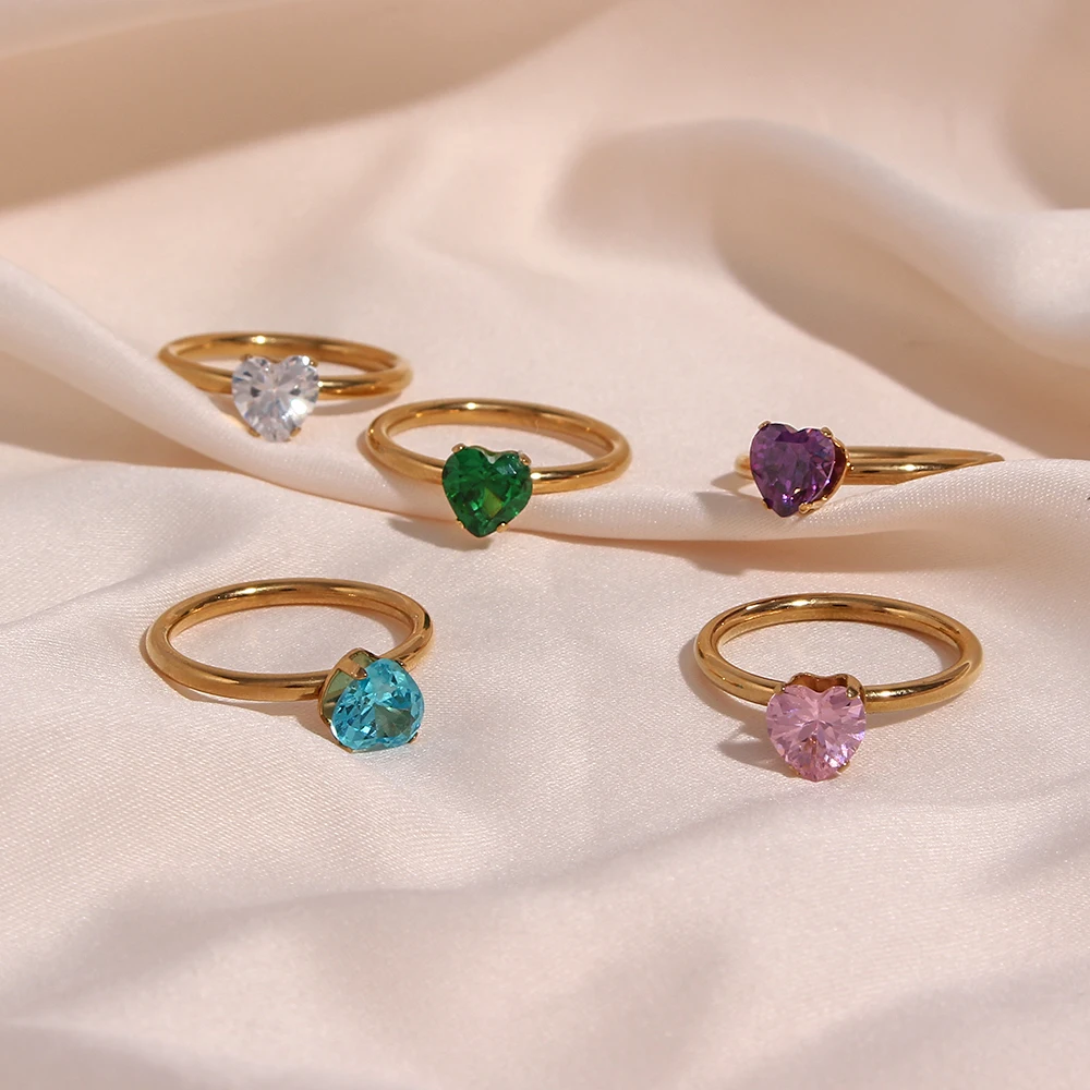 

Hot Style Colorful Hypoallergenic Tarnish Free Stainless Steel AAA Zircon Ring Love Heart Shape Gemstone Rings For Women