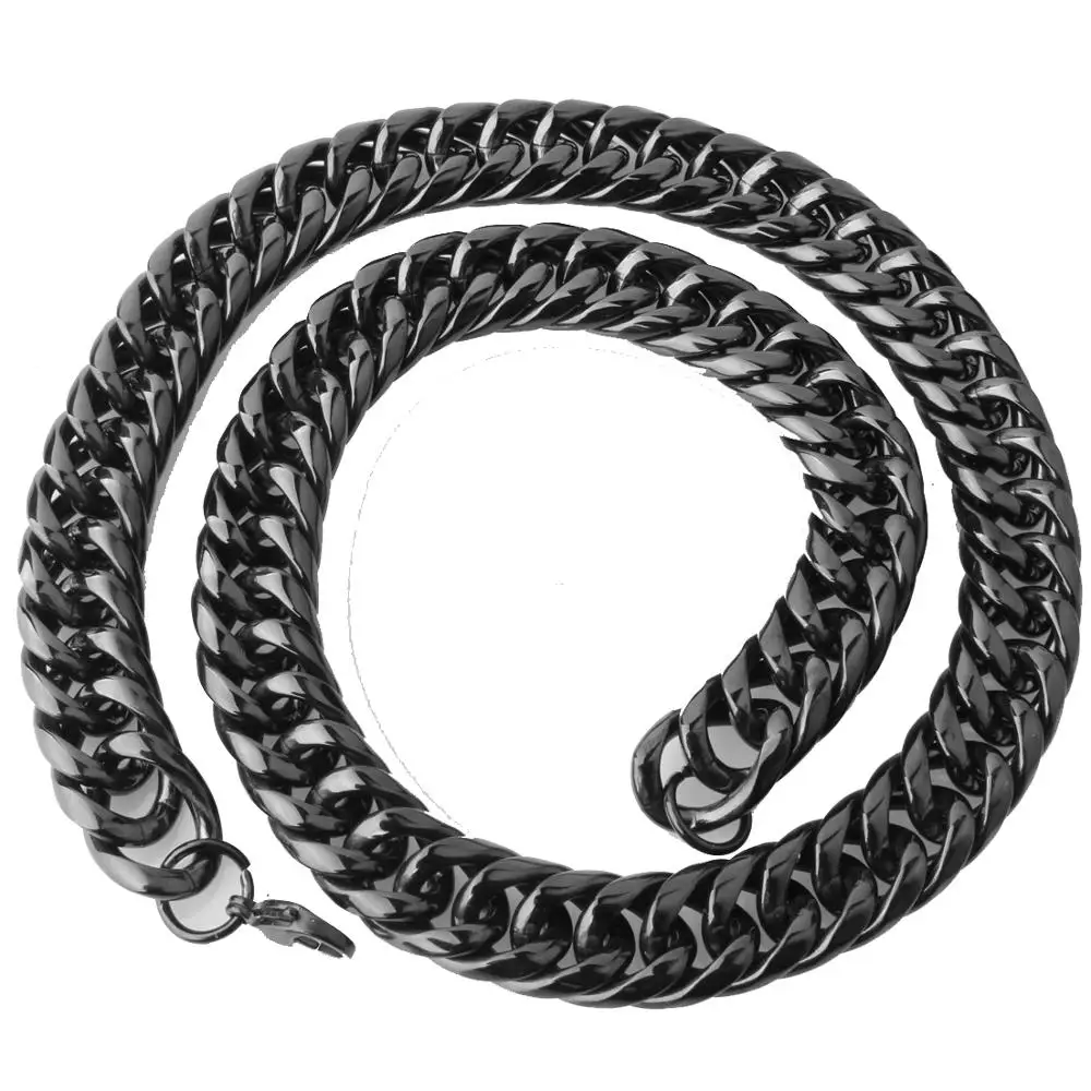 

16mm WIde Black Men's 316L Stainless Steel Double Curb Cuban Link Chain Necklace Jewelry Halloween Gift 7-40inch