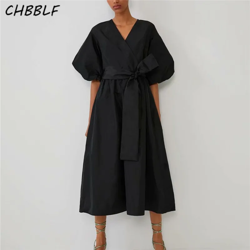 CHBBLF женское элегантное черное миди платье V шейный галстук бабочка пояса с