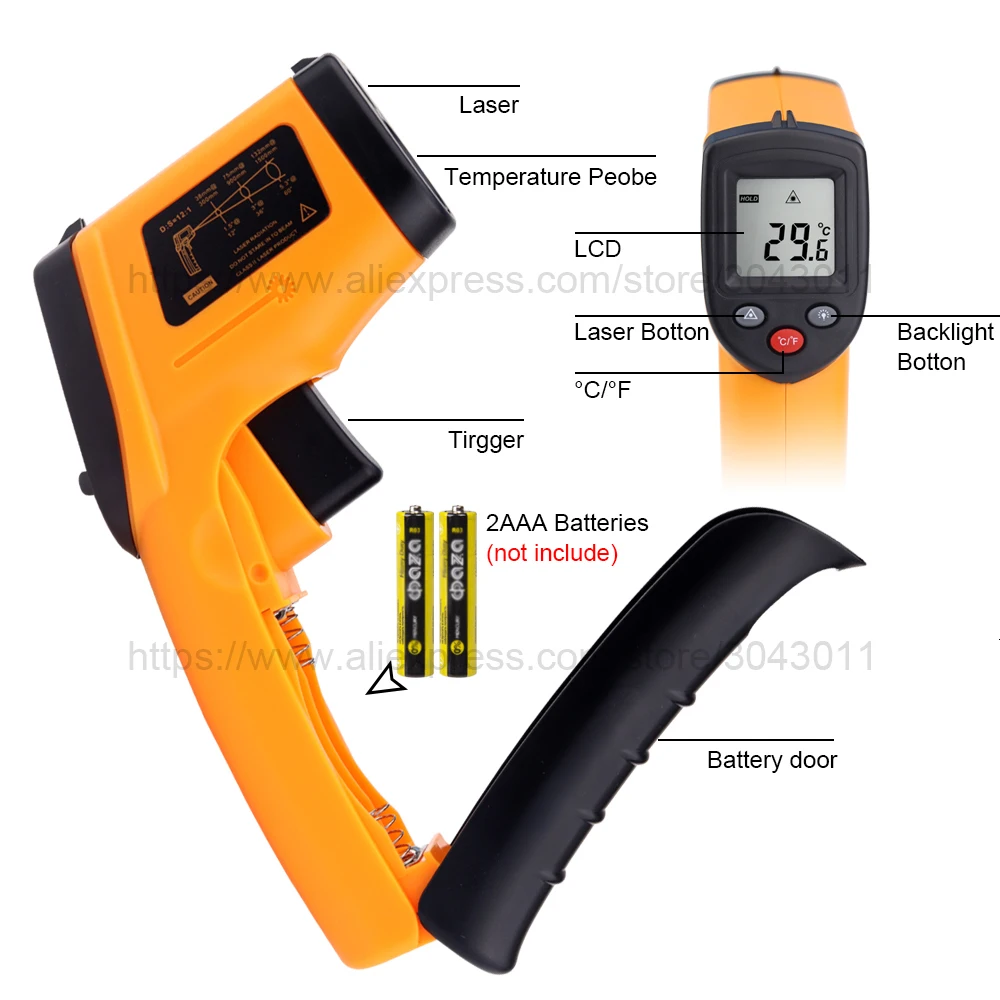 Бесконтактный ИК термометр Мини промышленный цифровой инфракрасный 50 ~ 380