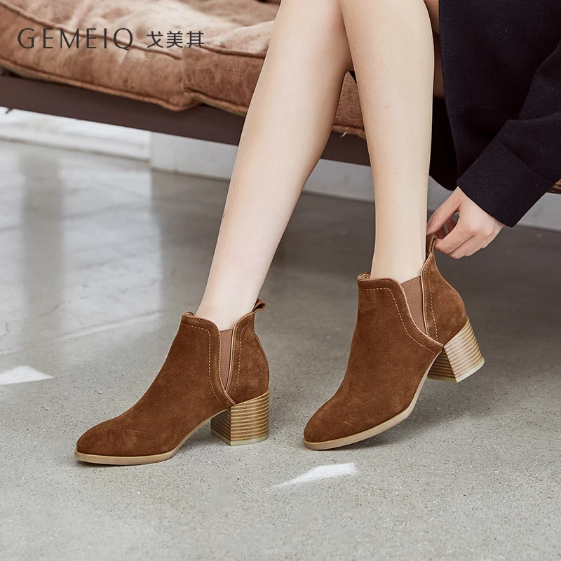 GEMEIQ/ботинки из натуральной коровьей замши женские зимние ботинки на высоком