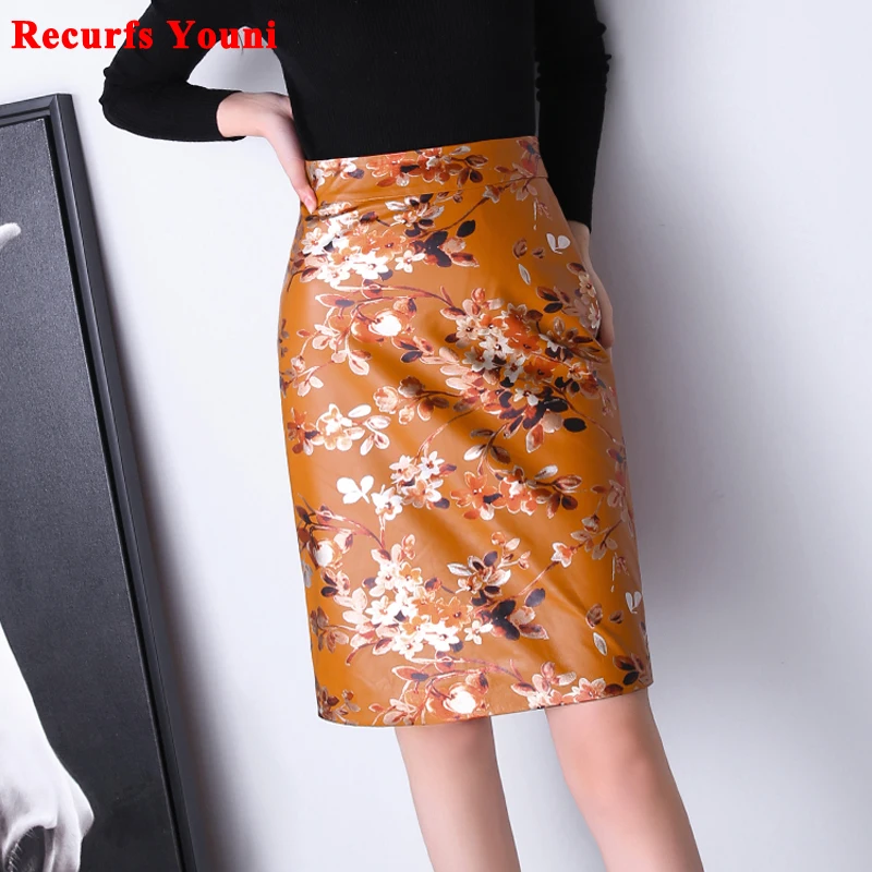 

Exclusive Charming 2022 Spring Women Skirts Female Genuine Leather Wrap Jupe Mujer Flower Printing Midi Saias Chic Working Dress