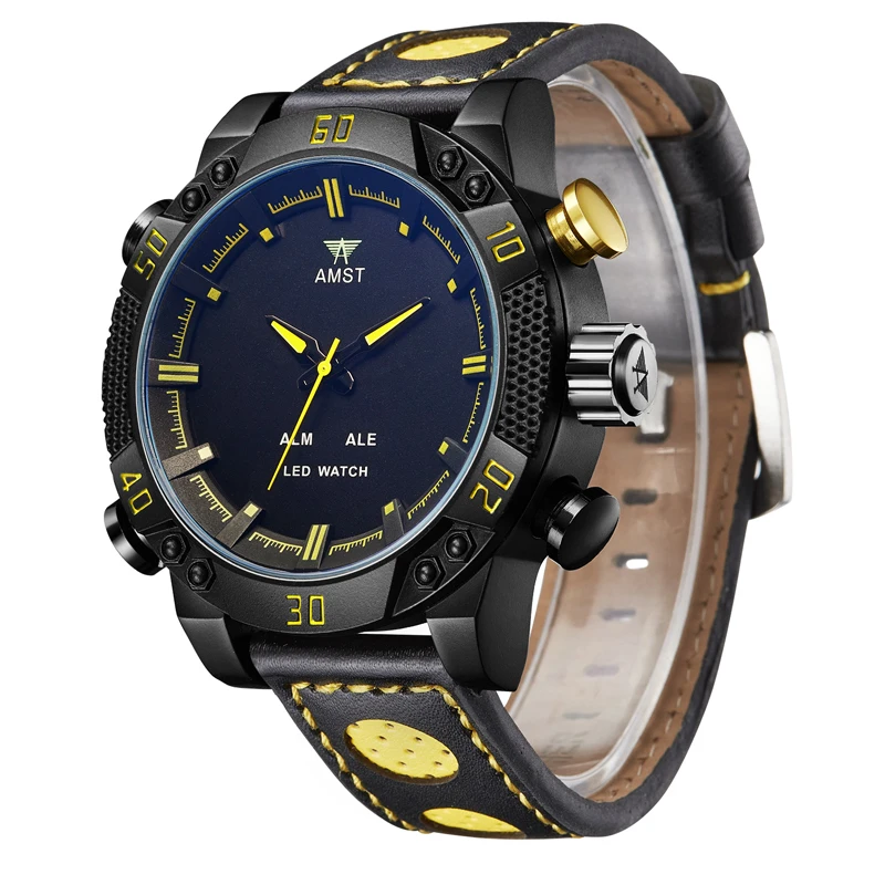 Часы мужские модные спортивные кварцевые аналоговые светодиодные кожаные