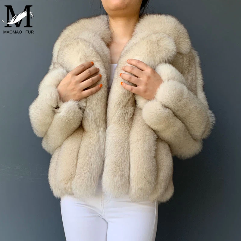Пальто из натурального Лисьего меха, короткая куртка из натуральной кожи, отложной воротник, зимнее плотное меховое Женское пальто из натурального Лисьего меха