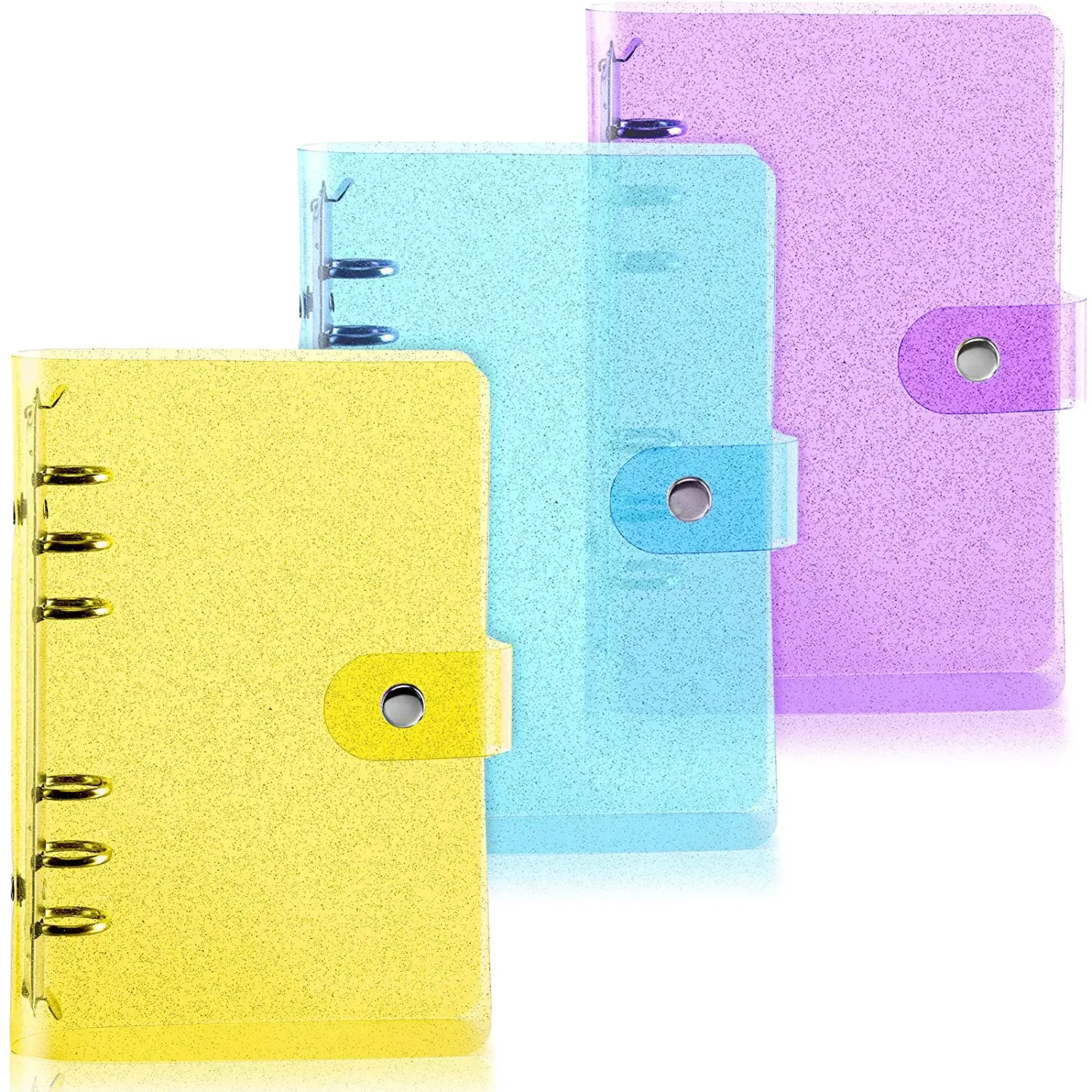 

3 Pieces A6 PVC 6-Ring Binder Cover, Glitter Clear Notebook Folder with Snap Button Closure Loose Leaf Protector for Planner