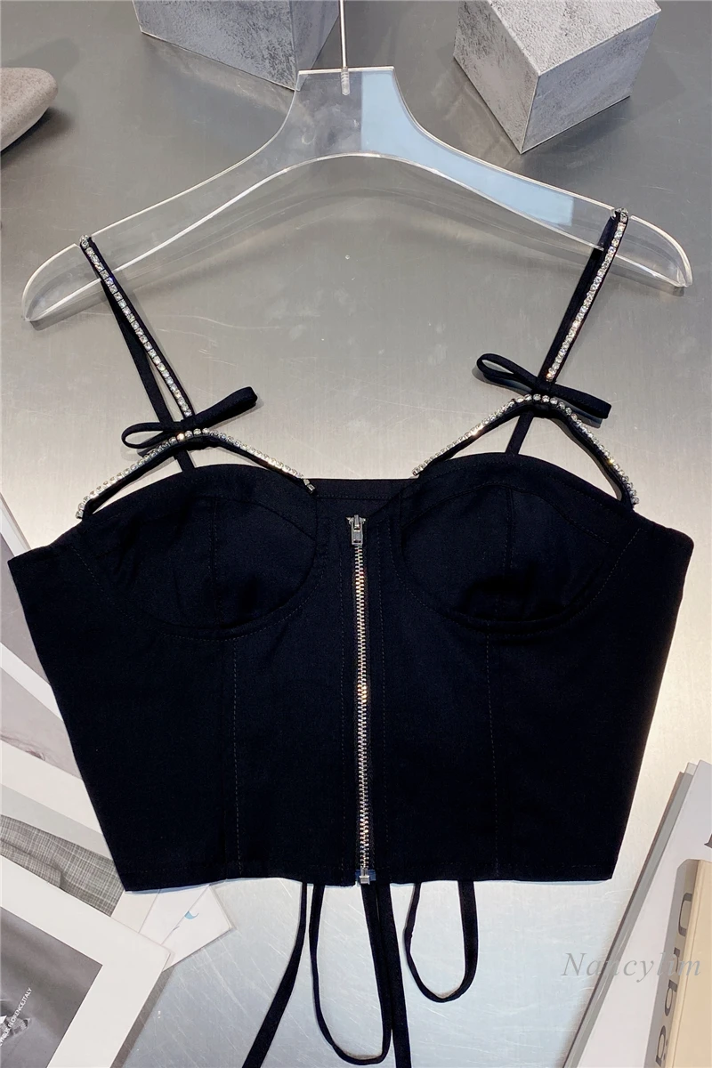 

Sexy Camisole Lady 2021 Summer New Design Slimming Rhinestone Edge Bow Strap Short Tanks Crop Top Femme Black