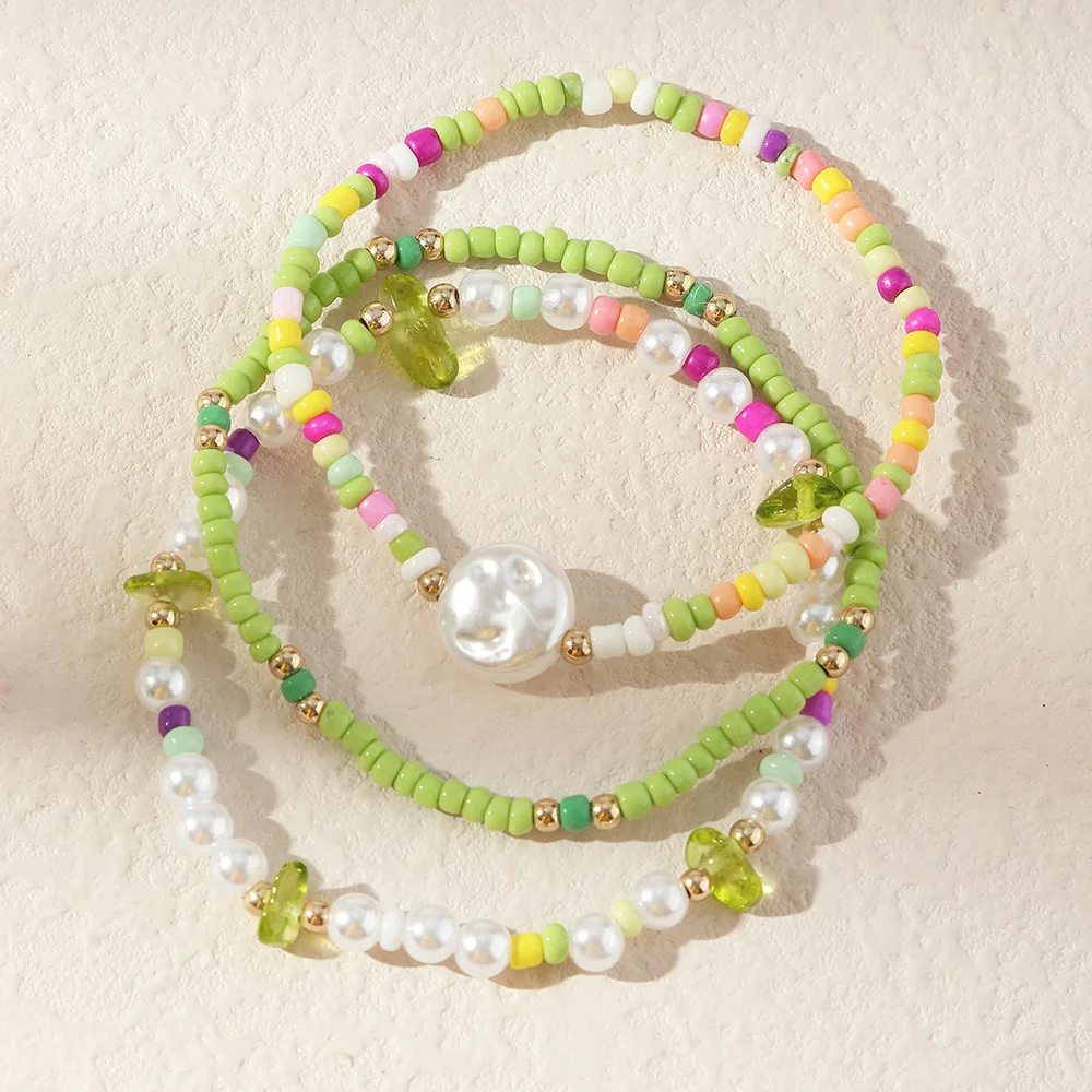 

3PCS/SET Bohemia New Pearls Natural Stone Adjustable Bracelet for Women Girls Vacation Rainbow Bracelet Jewelry Gifts