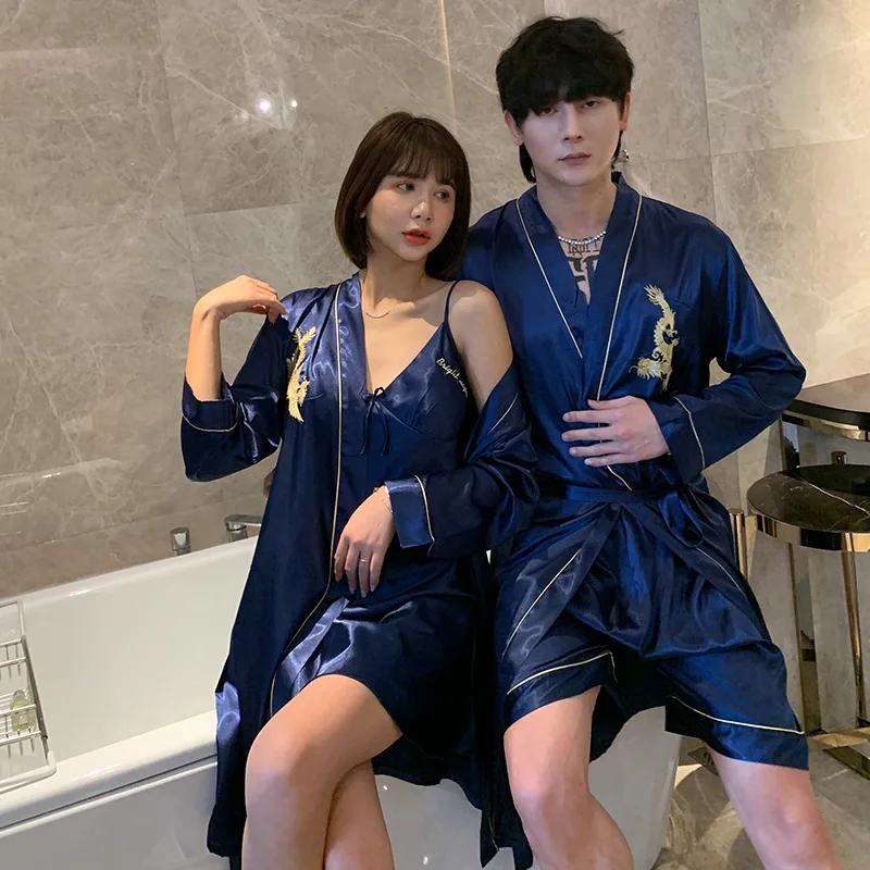 

Lovers Silk Robe Gown Set Sexy 2 Pieces Lounge Set Satin Embroidery Dragon Sleepwear Robe Ladies Nightwear Solid Nightdress