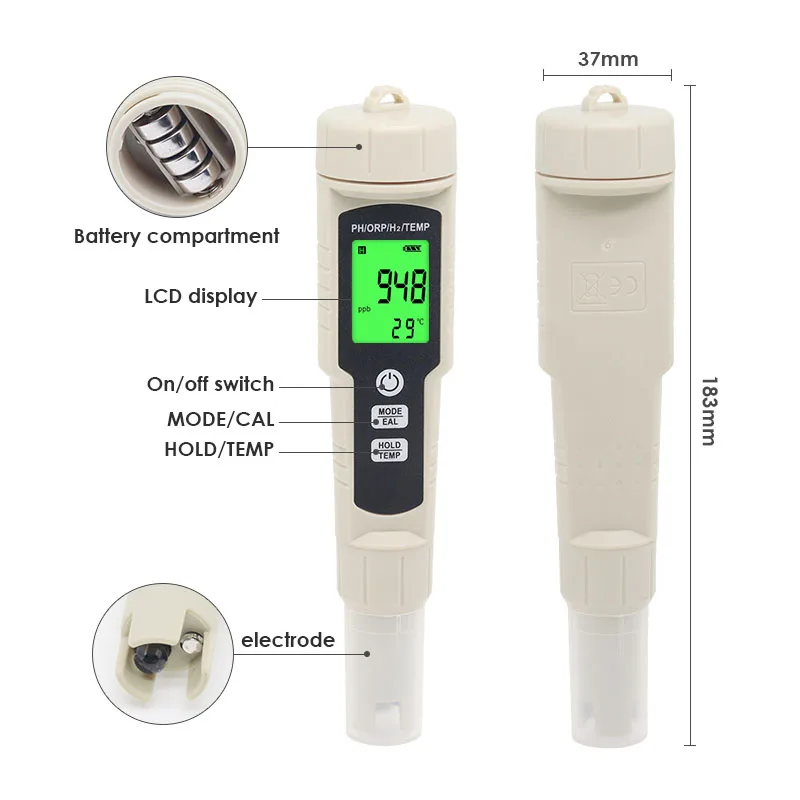 Цифровой измеритель качества воды тестер 4 в 1 H2/PH/ORP/TEMP для бассейнов питьевой