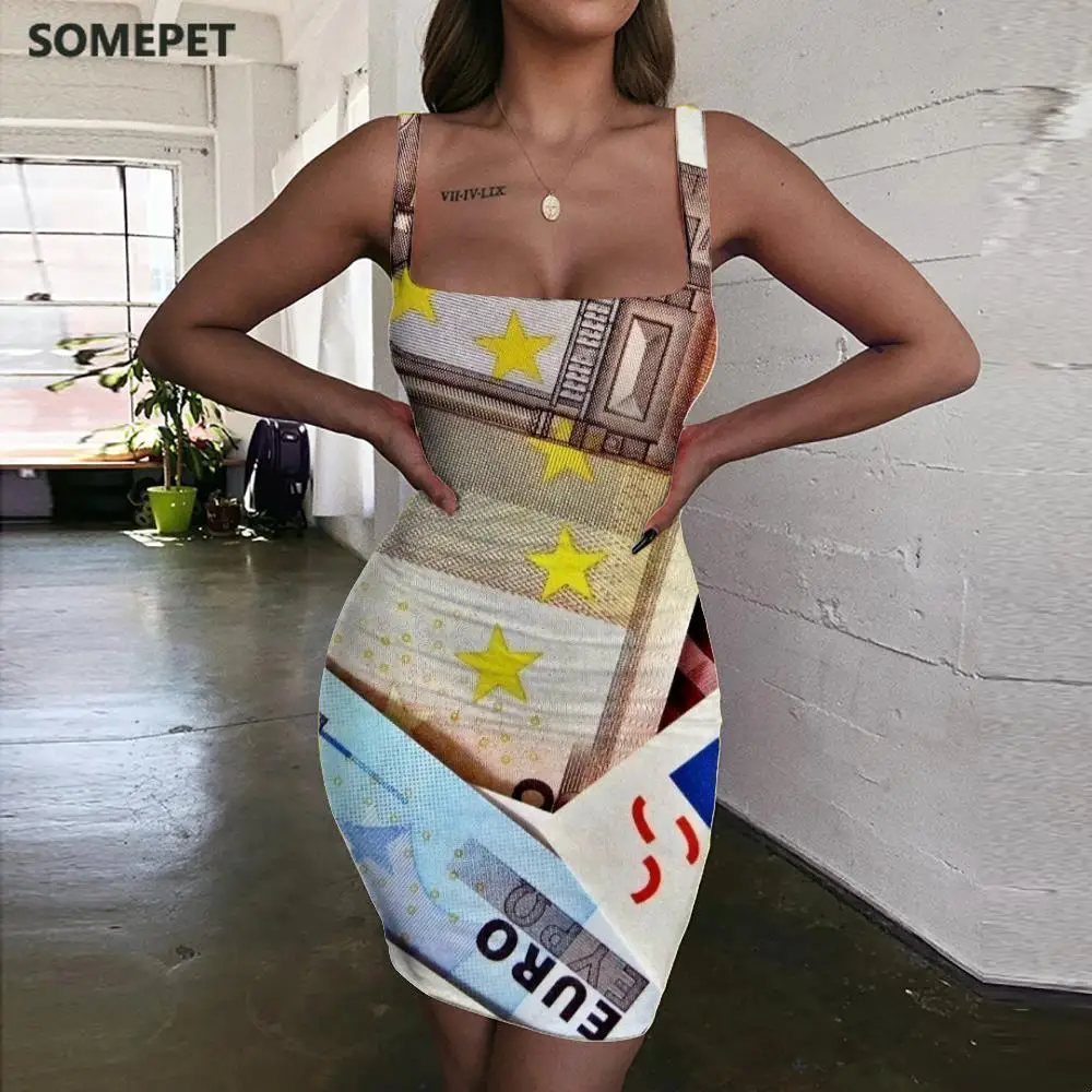 

SOMEPET Dollar Dress Women Money Sundress Cool 3d Print Novelty Halter Sleeveless Womens Clothing Plus Size Beach Korean Style