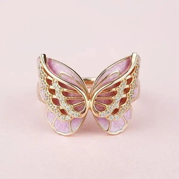 

Hot sell Original inlaid zircon pink enamel butterfly ring 2020 women fashion DIY fine jewelry Valentines Day gift free shipping