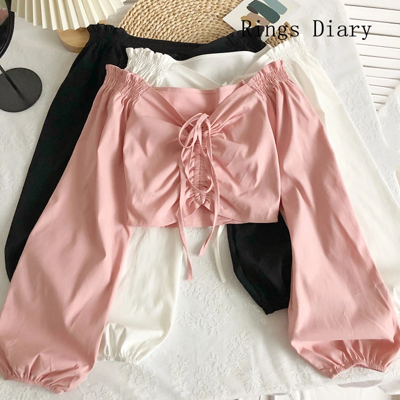 Rings Diary Woman Clothes Spring And Autumn Korean Style Chic All-Match Off Shouders Fold Telescopic Rope Slim Basic Short Top