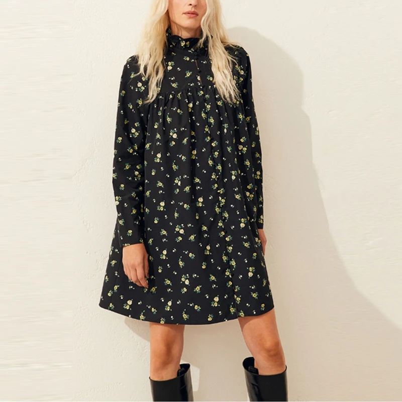 

Fashion Florl Puff Sleeve Straight Dress Women Casual Spring Above Stand Collar Ruffles Mini Party Dresses NX9935