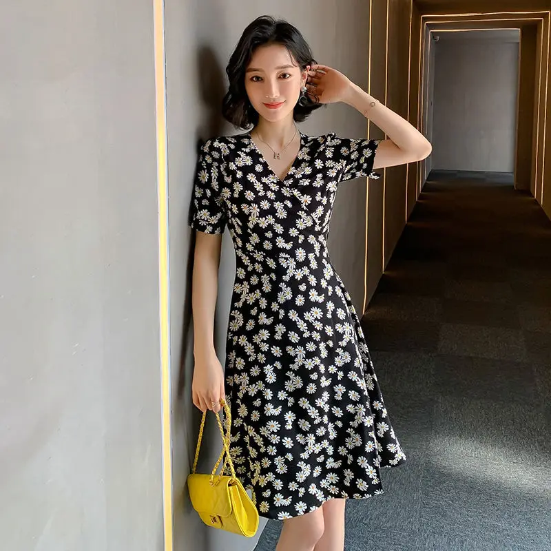 

New Print Chic French Short Dress Party Summer Vintage Casual Female Dresses Sexy V-neck Boho Beach Sundress Clothing for Women