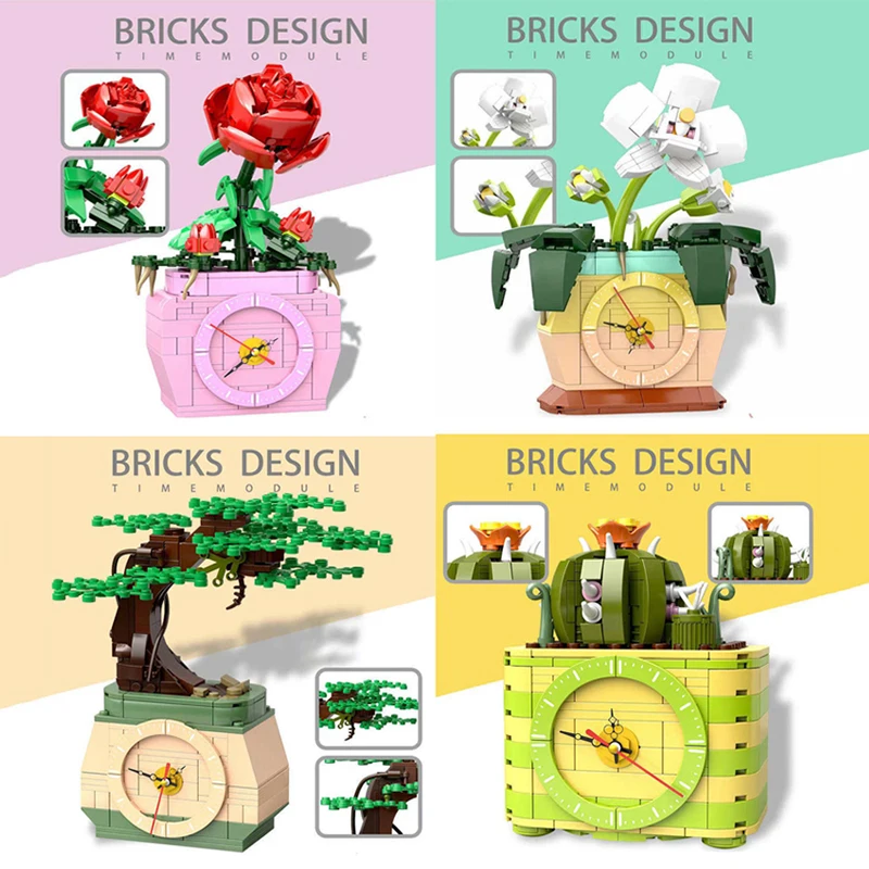 Bouquet DIY Building Blocks Romantic Rose Flower Bonsai Cactus Plant 3D Model Bricks Children's Educational Toy Girl Gift | Игрушки и