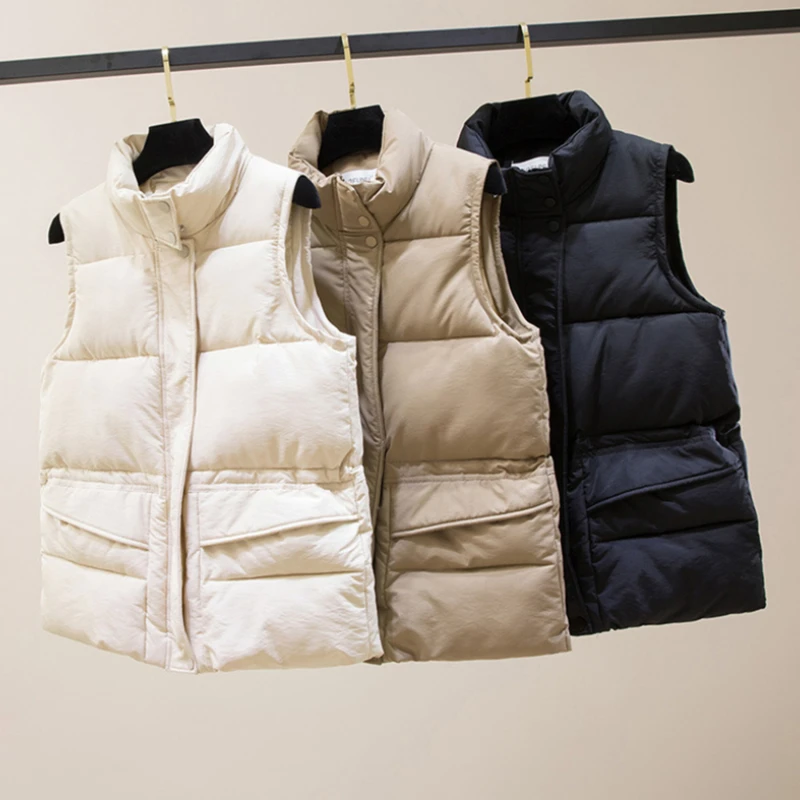 

Solid Short Style Vest for Women Cotton Padded Women's Winter Sleeveless Jacket with Zipper Stand Collar Casual Coats
