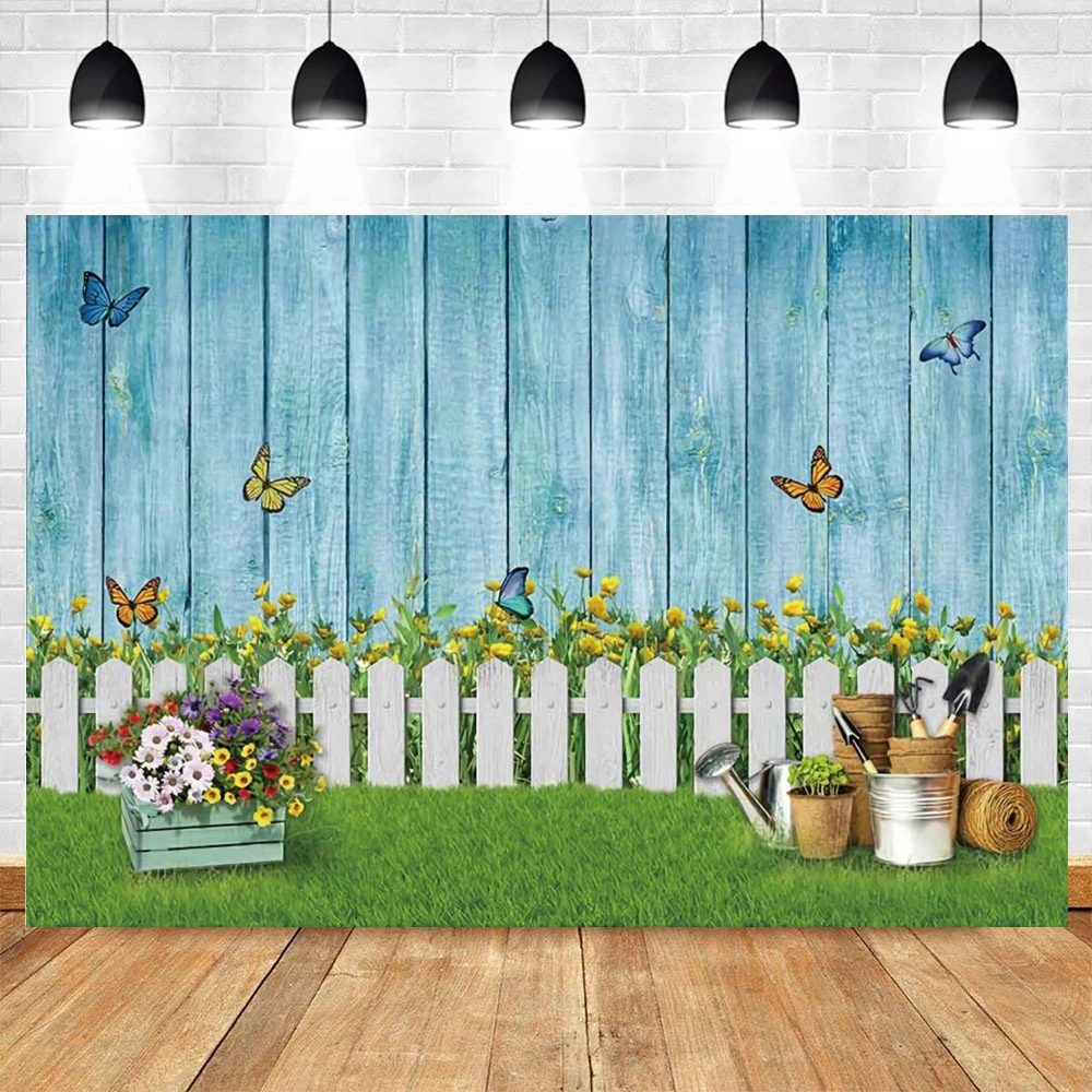 

Spring Easter Photography Backdrop Wooden Wall Flower Floral Fence Butterfly Background Decor Banner Photo Booth Studio Props