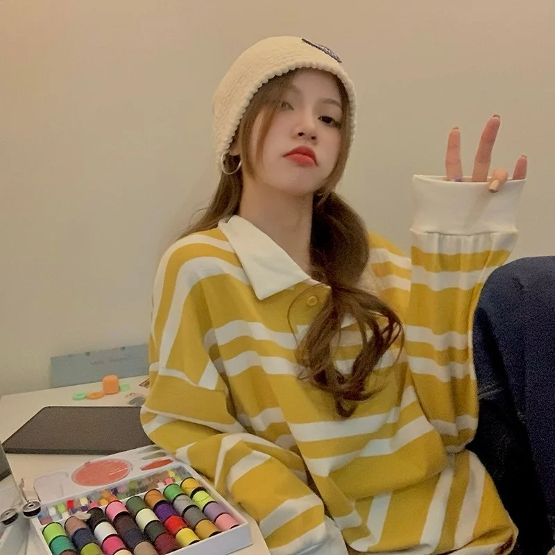 

Striped Polo Collar Long-Sleeved T-shirt for Women Spring and Autumn 2021 New Design Sense Red Loose Top Trendy