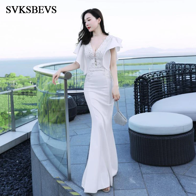 

SVKSBEVS Illusion Sequined V Neck Lace Appliques Mermaid Long Dresses Party Short Ruffles Sleeve Backless Maxi Dress