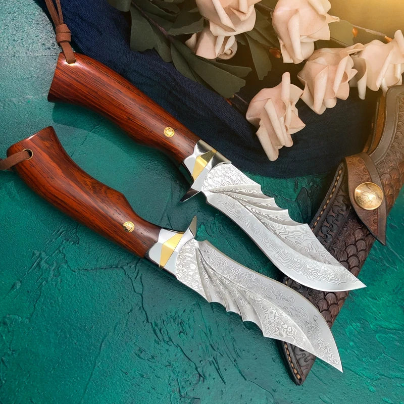 

Damascus Steel Fixed Blade Knife Outdoor Hunting Tool Tactical Knife Engraved Leather Sheath 60HRC Series EDC Tool
