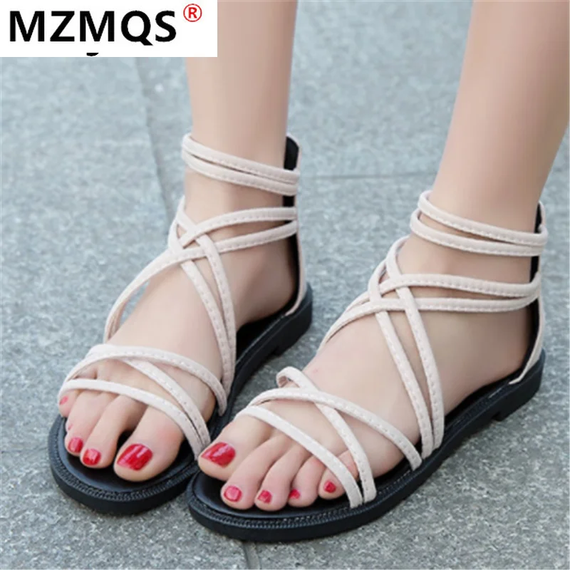 

2021 Summer Women's Sandals Fashion Retro Back Zipper Women Flat Sandals Outdoor Beach Open Toe Casual Sandals Shoes for Woman