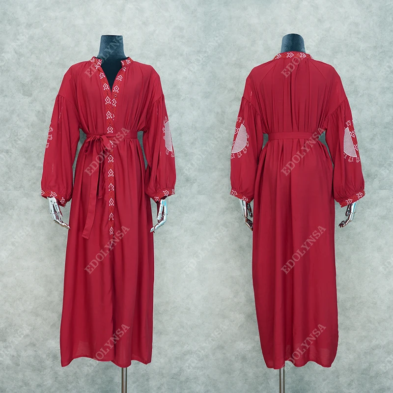 Женское богемное пляжное платье с вышивкой спереди красное летнее длинное