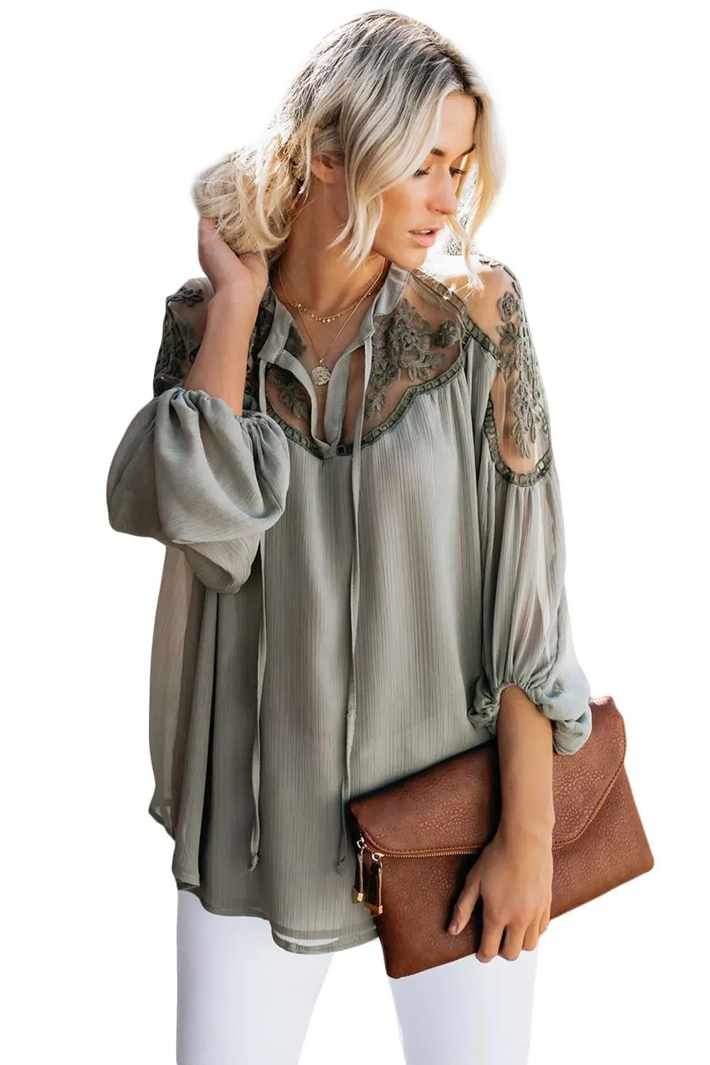 Белая/черная/зеленая официальная кружевная блузка с v образным вырезом длинный