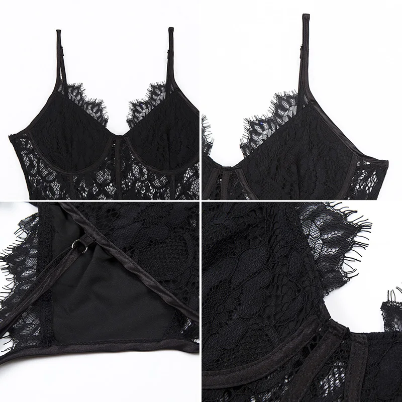 

Lace Bodysuit for Women Patchwork Design Lace Decor Sling V-Neck Sleeveless Backless Solid Color Slim Party Streetwear Bodysuits
