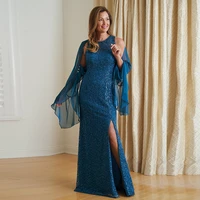 modern unique sparkling blue lace mother of the bride dresses with shawl sleeveless jewel neck wedding guest gowns side slit